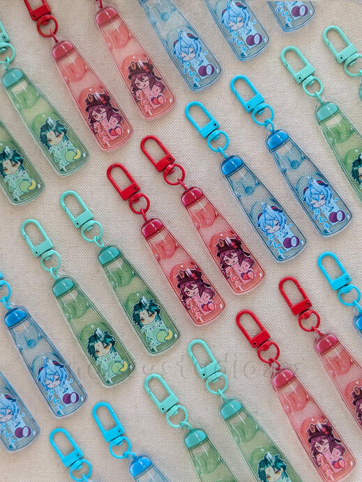 Hoyoverse Genshin Impact Ramune Acrylic Charm Keychain Xiao Hutao Ganyu Display