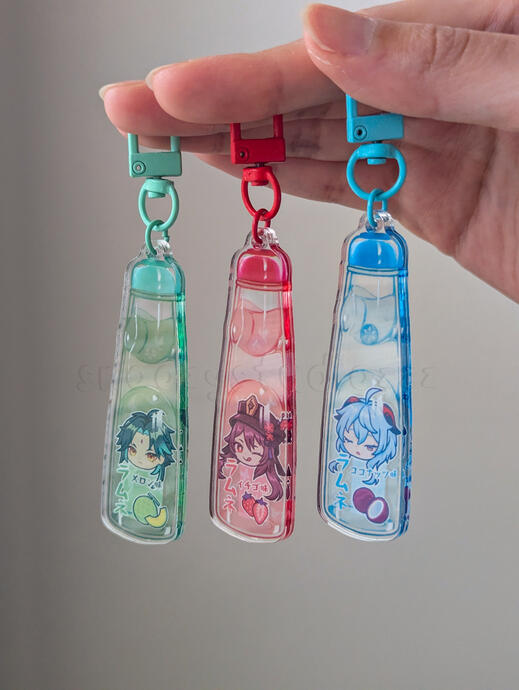 Hoyoverse Genshin Impact Ramune Acrylic Charm Keychain Xiao Hutao Ganyu Display